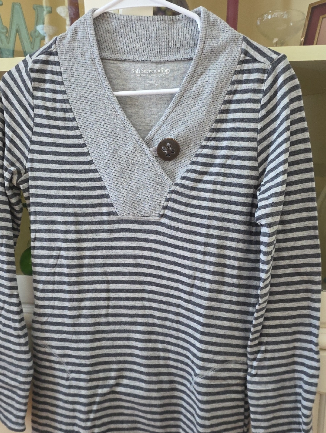Soft Surroundings Gray Striped V-Neck Dress
